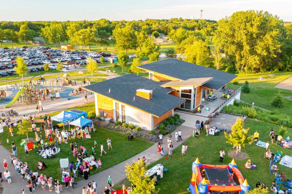 Aerial photo of outdoor festival at Ojibway Park.