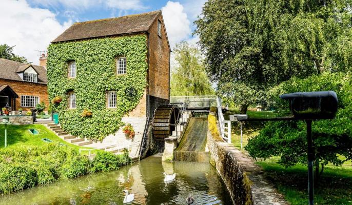 Swans swim next to a water mill covered in ivy at Grafton Mill, part of Sykes Cottages in the Cotswolds