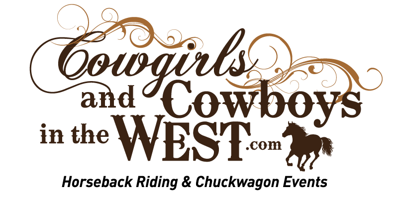 Cowgirls and Cowboys in the West Logo - western font with running horse at the end