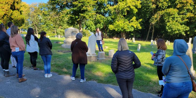 A group of people enjoying tour from Friends of Lebanon Cemetery Tour