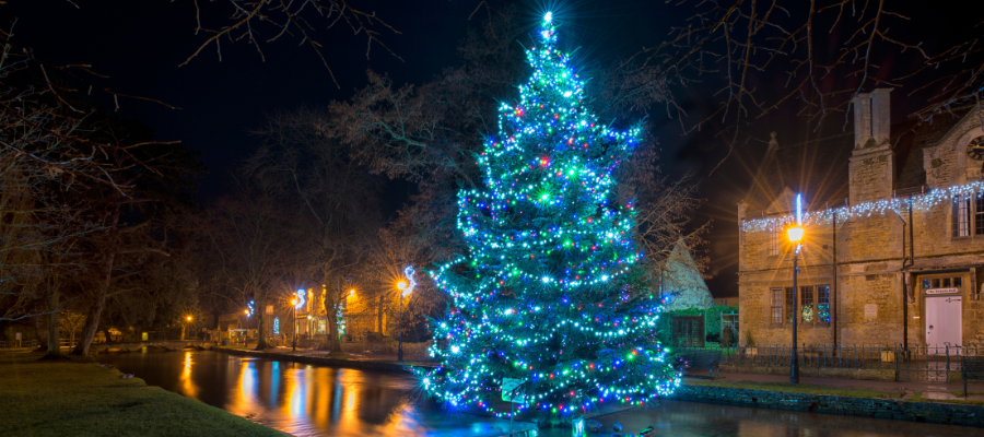 Christmas tree with blue lights in bourton on the water