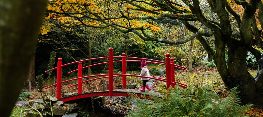 Child in bobble hat and pink coat crossing a bridge at Batsford Arboretum