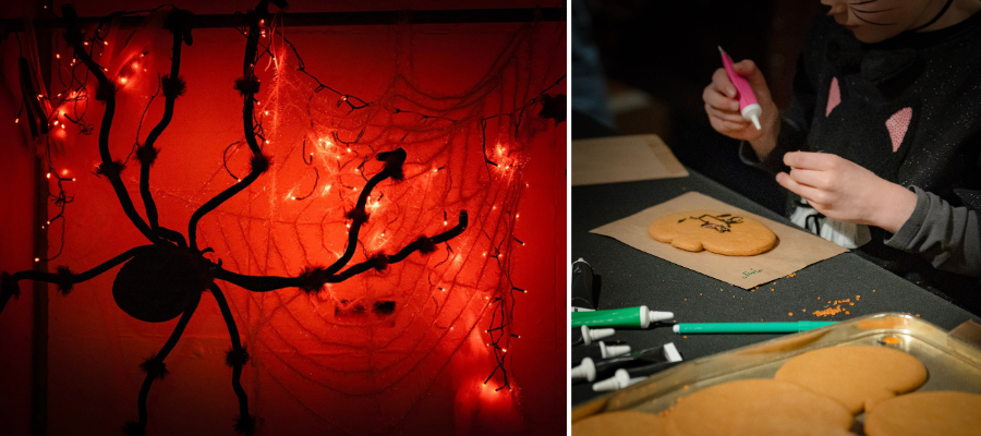 Broadway Museum at Halloween- image of a spooky spider on a red background and a separate image of a child decorating Halloween-style ginger biscuits