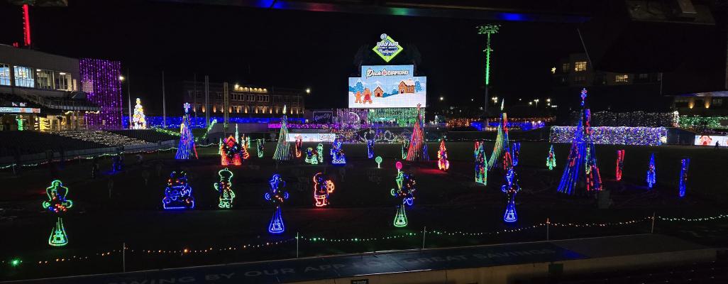 A view of Deck the Diamond holiday lights at Day Air Ballpark