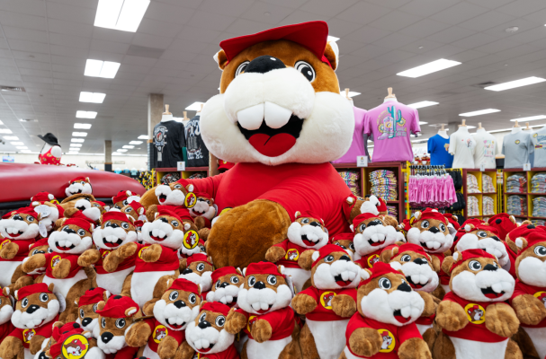 a display of plush "buc-ee" the beaver plush toys