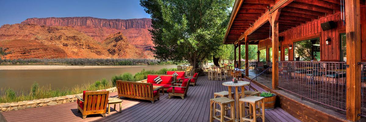 Exterior of the river deck at Sorrel River Ranch.