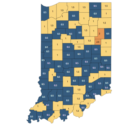 Indiana COVID color-coded assement map by county