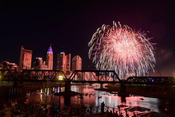 Columbus skyline with fireworks during Red, White, and Boom
