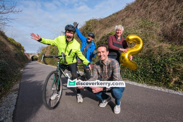 Celebrating two years of Kingdom of Kerry Greenways are Mayor of Tralee, Cllr Mikey Sheehy, Brian Haslett & Mark Irvine, The Gourmet Boys, from Belfast and Deputy Mayor of Listowel, Cllr Michael Leane. Photo: Pauline Dennigan