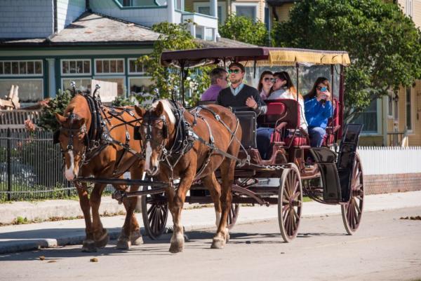 A horse-drawn carriage takes two couples on a tour of Mackinac Island