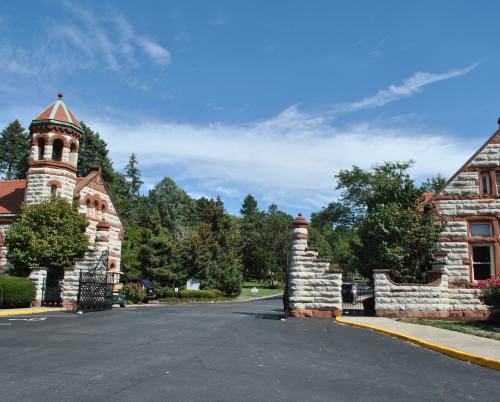 Woodland Cemetery in Dayton, Ohio. Picture of gateway, chapel, and office buildings