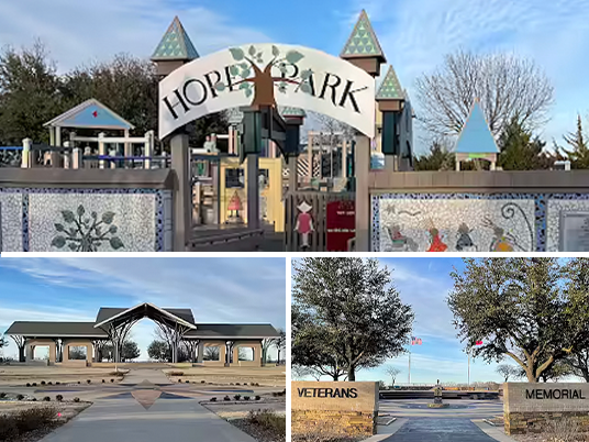 Collage of three pictures from Frisco Commons Park