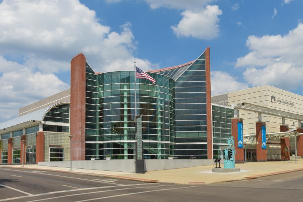 John S. Knight Center convention venue in downtown Akron, Ohio, featuring a modern glass atrium entrance, event facilities, and contemporary architecture.