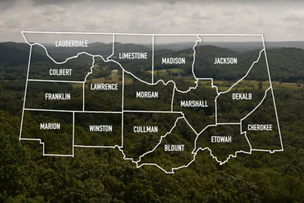An outline of the 16 counties represented in North Alabama.