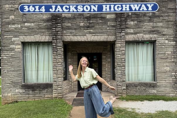 Travels with Darley host Darley Newman poses in front of the Muscle Shoals Sound Studio in Sheffield