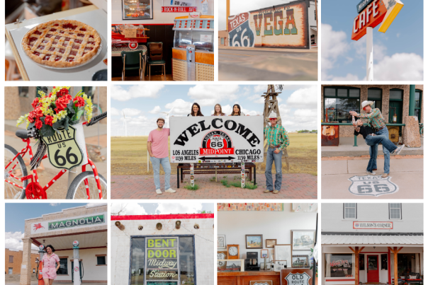 A collage of vibrant Route 66 stops in the Texas Panhandle, featuring slices of Americana like a fresh cherry pie, a retro diner jukebox, and colorful signage for the MidPoint Café. Travelers pose at the official midpoint between Los Angeles and Chicago, marked by the iconic Route 66 sign. Scenes include small-town murals, vintage gas stations, and a couple dancing joyfully on the street. Each image captures the charm, nostalgia, and warm hospitality that define this legendary stretch of road.