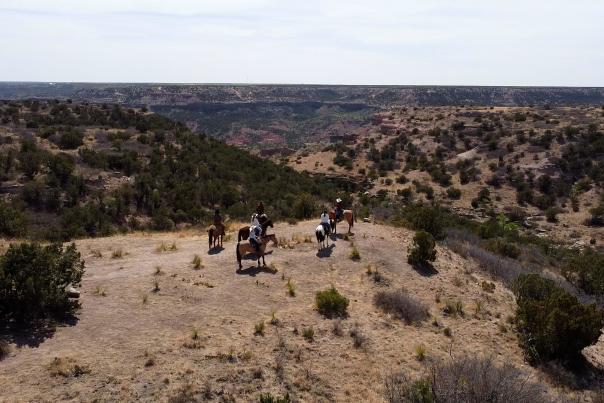 Group of people riding horseback in Los Cedros Ranch