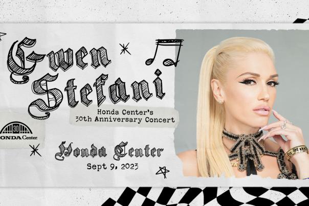 Image of Gwen Stefani on a black and white checkerboard background.