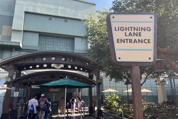 Image of the lightning lane signage in front of Soarin' at Disney California Adventure Park.