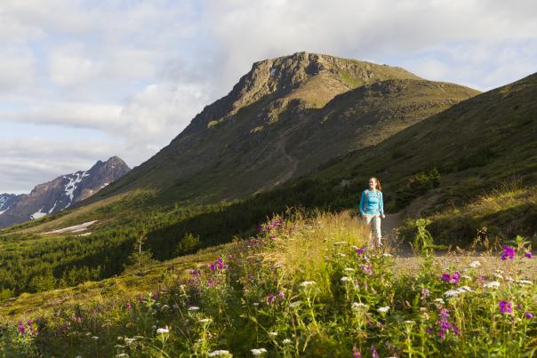 Woman hiking by Flattop Mountain in Anchorage