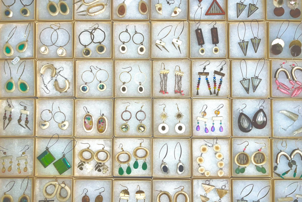 A collection of Alaska Native earrings created by artist Miranda Petruska.