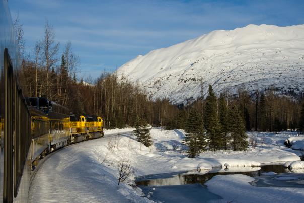 Alaska Railroad winter train travel from Anchorage
