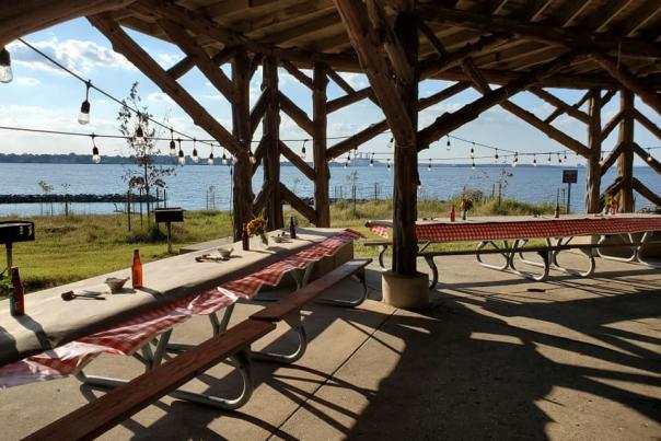 Fort Smallwood Cedar Pavilion set up for a family style Crab Feast