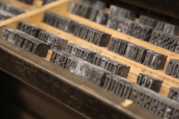 A tray of block print letters at the Bentley Historical Library