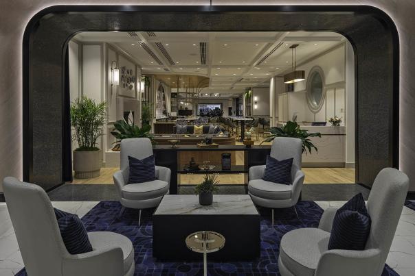 Overview of seating and view into the restaurant at The Vanguard, Autograph Collection