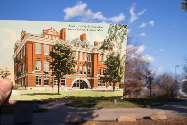 Postcard over Sherzer Hall of Eastern Michigan University