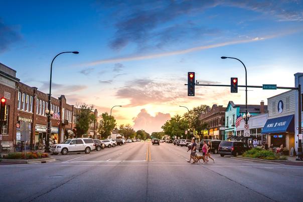 State Street in Geneva, Illinois at sunset