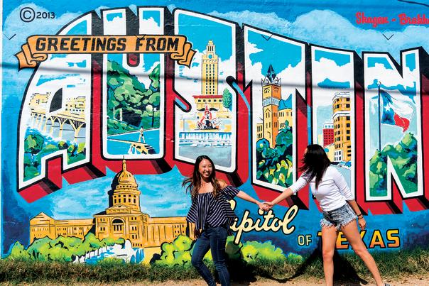 Greetings from Austin mural at Roadhouse Relics. Courtesy of Jane Ko.