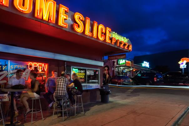 Home Slice Pizza, South Congress at Night. Credit Julia Keim.