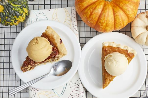 Slices of Pumpkin and Pecan Pie and seasonal Ice Cream from Lick Honest Ice Creams. Credit Annie Ray.