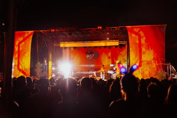 Image of an artist on stage at LEVITATION Fest with a disco ball and lights shining above the stage.