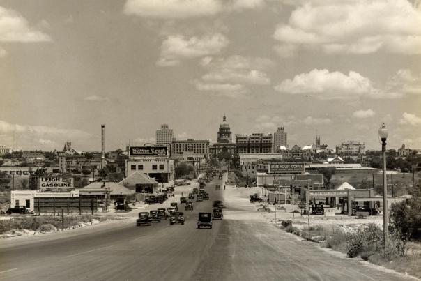 View of South Congress Avenue in 1930s looking north to the Capitol.