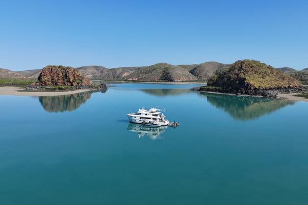 View of the Kimberley Quest cruise vessel amongst the islands of the Buccaneer Archipelago