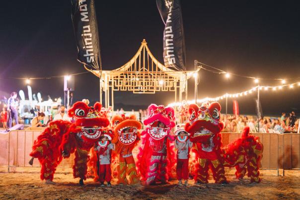 Lion dancers at the Shinju Matsuri Long Table Dinner, Cable Beach