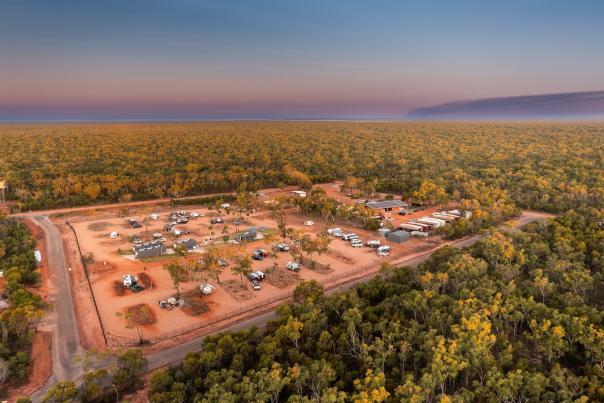 An aerial view of the camping with Custodians campsite at Djarndjin on the Dampier Peninsula