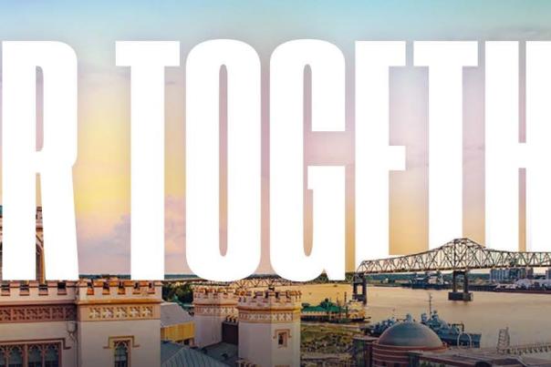 Downtown Baton Rouge Skyline with words "BTR Together"