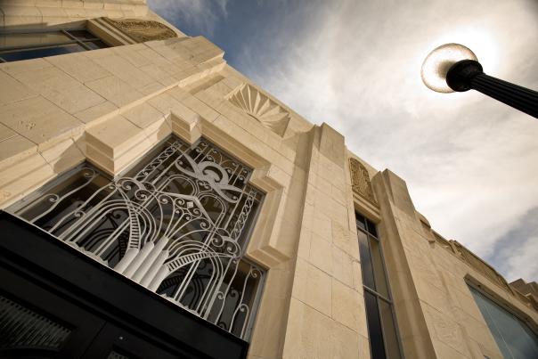Windows at the entrance of the Kyle Building in Beaumont, Texas