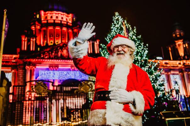 Santa waving outside Belfast City Hall