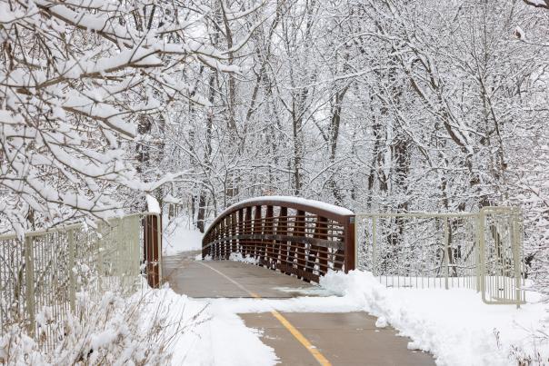 Snow covers a bridge in Bentonville.
