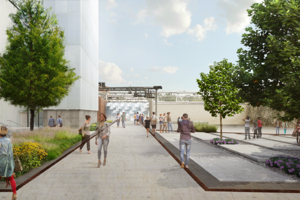 A digital rendering of the exterior walkway leading to the Momentary