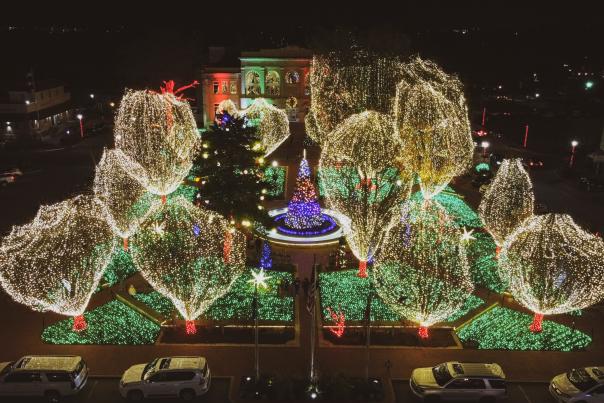 Drone photo of holiday lights on the square. Lights on the ground are green, tree stumps are wrapped in red, and branches and leaves are wrapped in white lights.