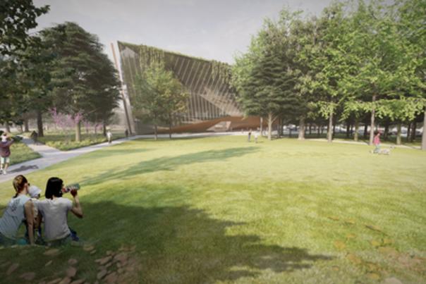 Rendering by Polk Stanley Wilcox; Community Lawn, View from J St. (Photo: Business Wire)