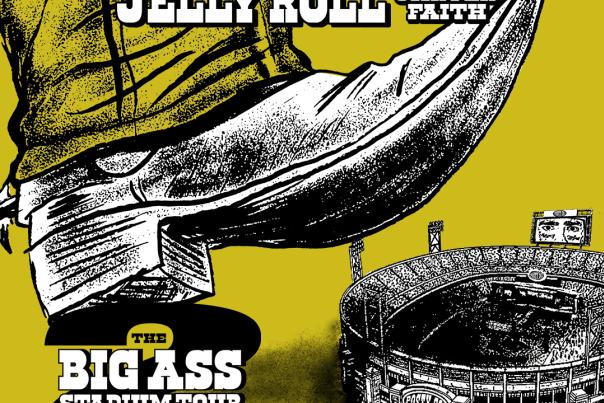 An illustration of a giant boot suspended over a small drawing of the Razorback stadium.