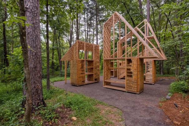 Totem House: Histories of Negation by StudioSUMO is among the five prototypes designed by architects on display in Architecture at Home at Crystal Bridges Museum of American Art. (Stephen Ironside/Courtesy Crystal Bridges)