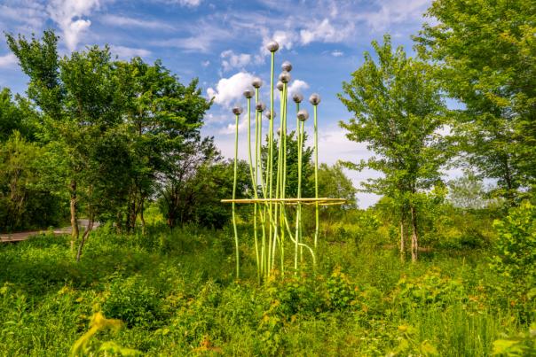 A tall, abstract outdoor sculpture made of slender green poles topped with rounded metallic spheres rises from a field of tall grass and wild plants, surrounded by leafy trees under a partly cloudy blue sky.