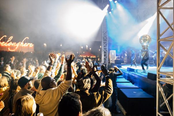 A lively crowd at a concert, hands raised in excitement, with a performer on stage holding a tuba. Bright stage lights illuminate the scene.